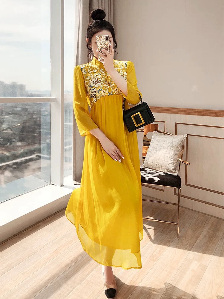 Cheongsam Improved Temperament National Style 2024 New Autumn Women's Tang Suit Yellow Chinese Style New Chinese Dress