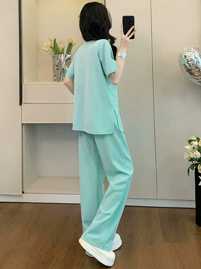 Fashionable and age-reducing casual sports suit for women 2025 summer loose and slim blue short-sleeved T-shirt wide-leg pants two-piece suit