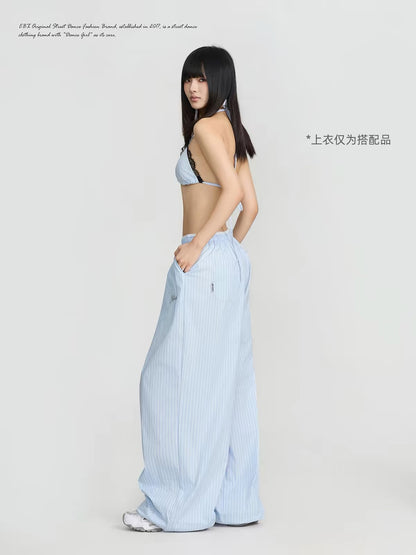 CBXLAB Streetwear: Blue-and-White Striped Jazz Pants with Lace Paneling – A Fresh, Laid-back American Summer Style