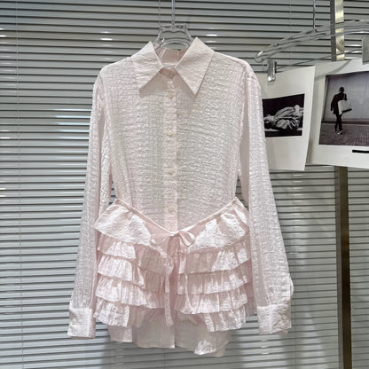Popular online style, 2026 Spring New Arrival, Sweet and Cool Hot Girl Style, Textured Lightweight Fabric Cake Waist Belt Shirt Set