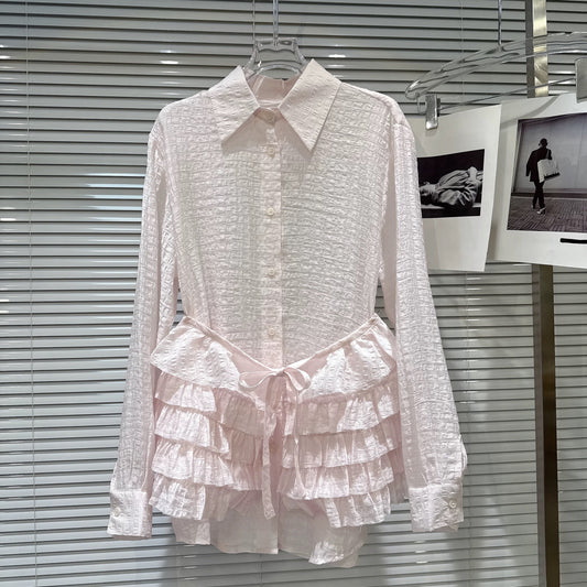 Popular online style, 2026 Spring New Arrival, Sweet and Cool Hot Girl Style, Textured Lightweight Fabric Cake Waist Belt Shirt Set
