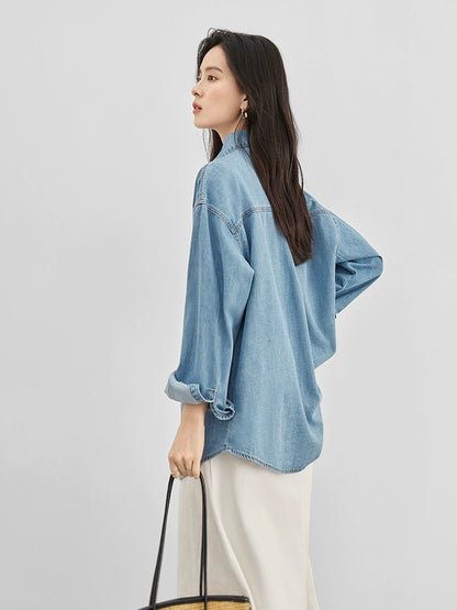 Vincent Van Gogh Joint Dialogue Retro Loose Denim Shirt Women's 2024 Spring New Lazy Casual Top