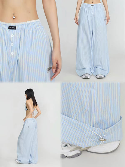 CBXLAB Streetwear: Blue-and-White Striped Jazz Pants with Lace Paneling – A Fresh, Laid-back American Summer Style