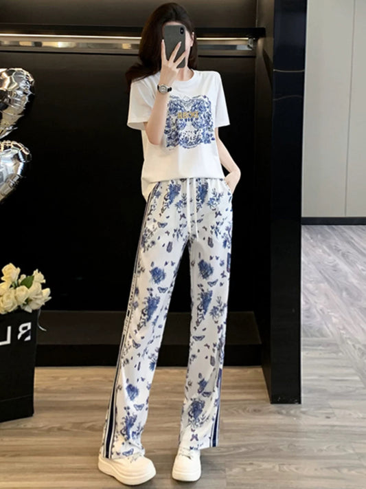 New summer style niche non-collision casual sports suit women's loose white short-sleeved T-shirt wide-leg pants two-piece suit