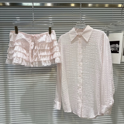 Popular online style, 2026 Spring New Arrival, Sweet and Cool Hot Girl Style, Textured Lightweight Fabric Cake Waist Belt Shirt Set