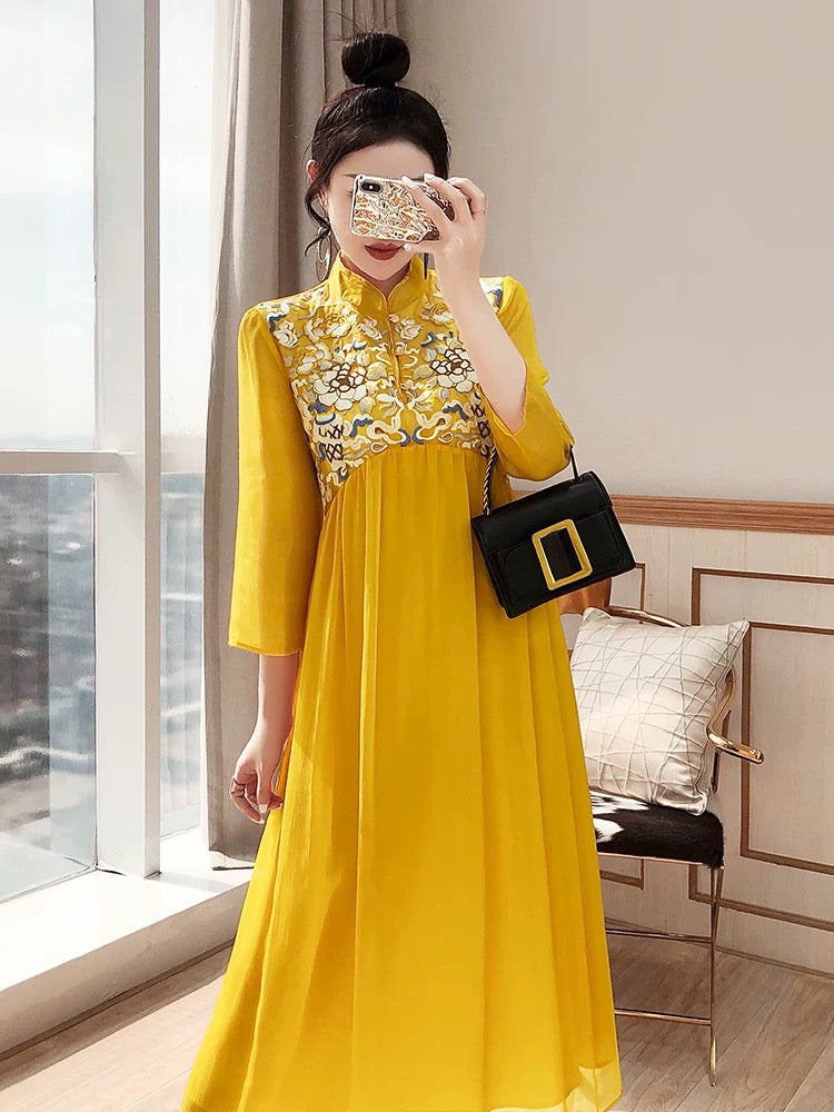 Cheongsam Improved Temperament National Style 2024 New Autumn Women's Tang Suit Yellow Chinese Style New Chinese Dress