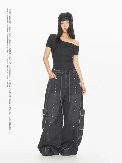 CBXLAB Streetwear Rivet-Detail Washed Cargo Pants – Vintage-Style Distressed American-Casual Denim Trousers