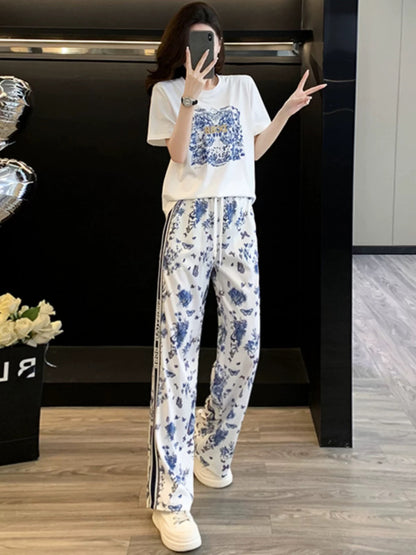 New summer style niche non-collision casual sports suit women's loose white short-sleeved T-shirt wide-leg pants two-piece suit