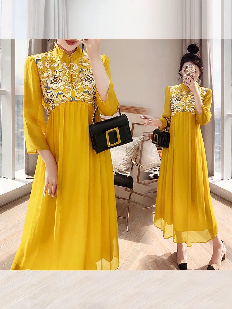 Cheongsam Improved Temperament National Style 2024 New Autumn Women's Tang Suit Yellow Chinese Style New Chinese Dress