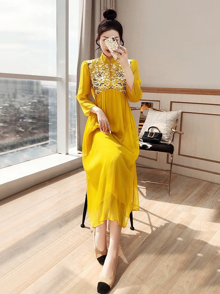 Cheongsam Improved Temperament National Style 2024 New Autumn Women's Tang Suit Yellow Chinese Style New Chinese Dress