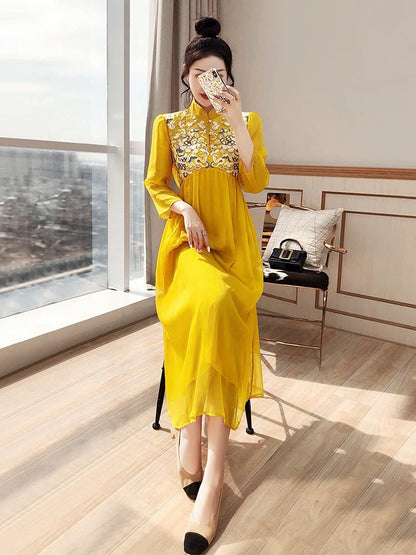 Cheongsam Improved Temperament National Style 2024 New Autumn Women's Tang Suit Yellow Chinese Style New Chinese Dress