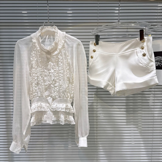 Popular online style, 2026 Spring New Arrival: Sweet and alluring chiffon blouse with ruffled trim and metal button shorts set.
