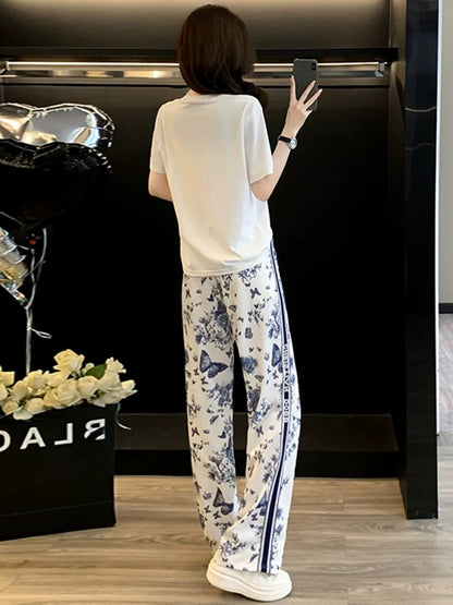 New summer style niche non-collision casual sports suit women's loose white short-sleeved T-shirt wide-leg pants two-piece suit