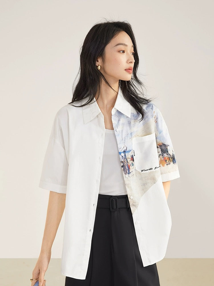 Dialogue x Kay Levine joint design sense printed short-sleeved shirt women's 2024 summer new unique tops