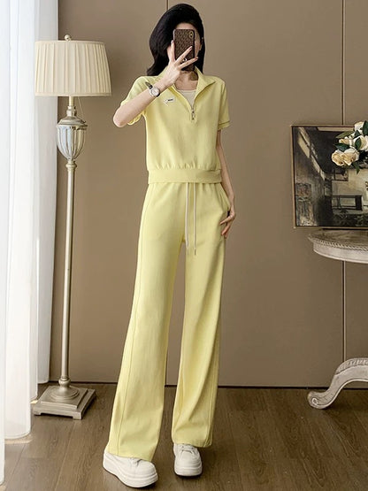 Youthful and energetic casual sports suit for women 2025 summer stylish and age-reducing yellow short-sleeved top wide-leg pants two-piece suit