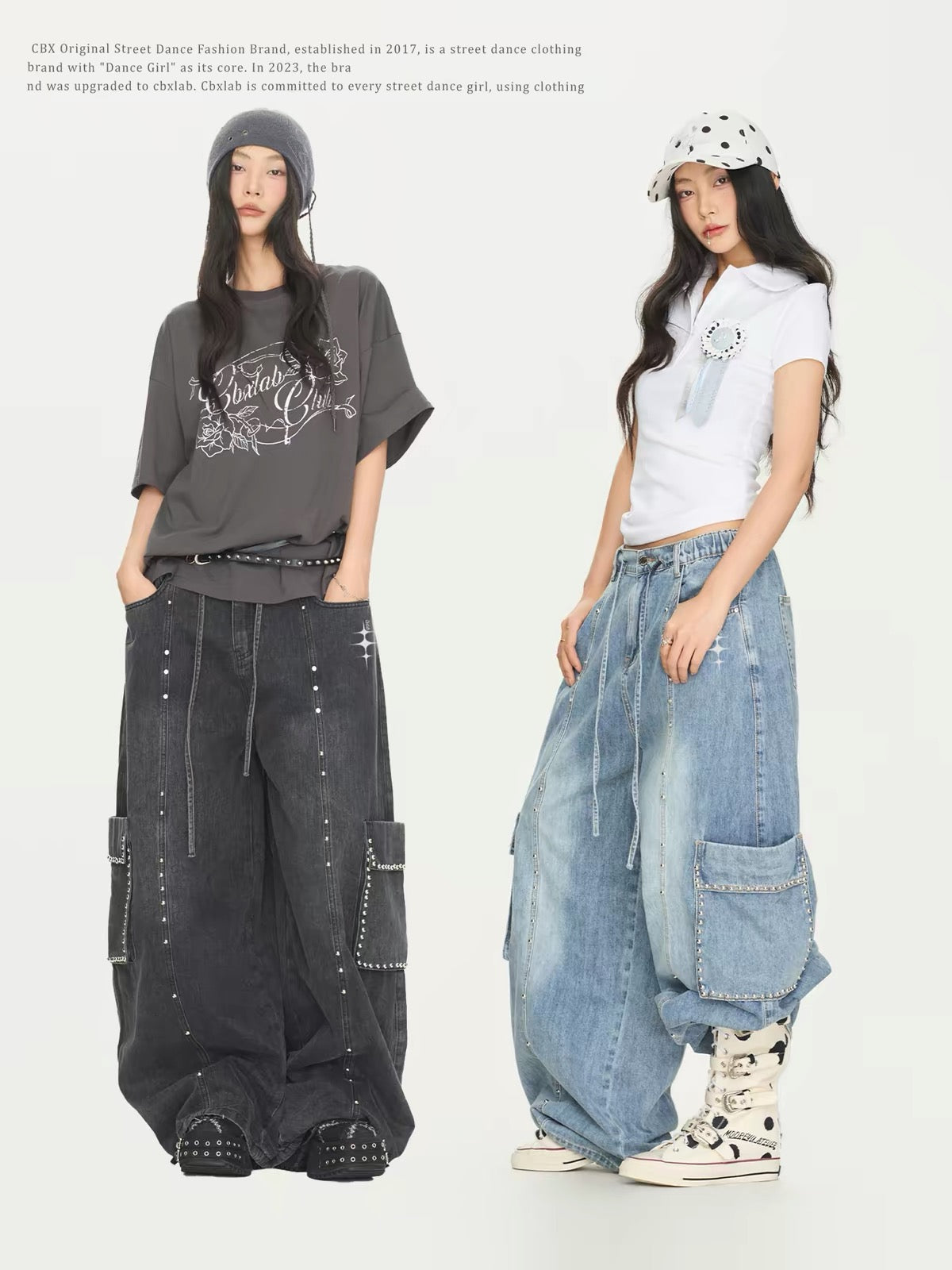 CBXLAB Streetwear Rivet-Detail Washed Cargo Pants – Vintage-Style Distressed American-Casual Denim Trousers