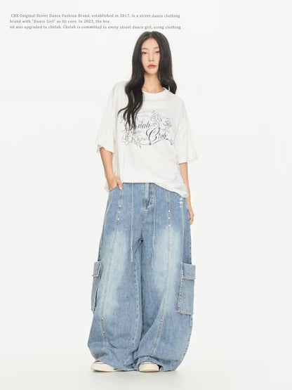CBXLAB Streetwear Rivet-Detail Washed Cargo Pants – Vintage-Style Distressed American-Casual Denim Trousers