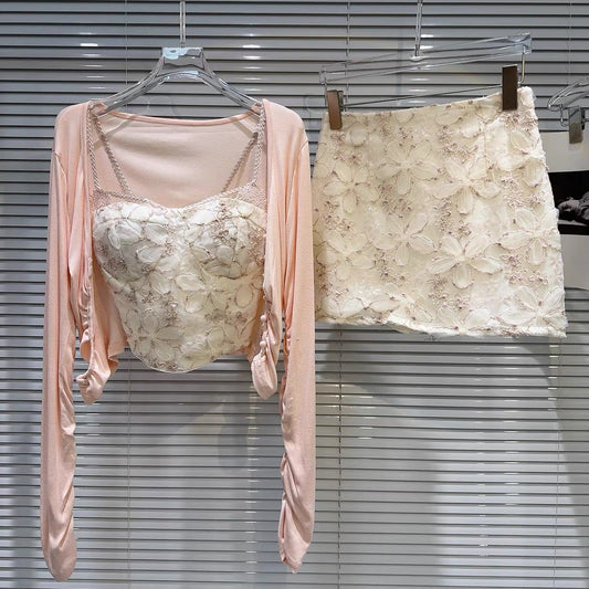 Popular online style, 2026 Spring New Sweet and Elegant Mesh Crochet Camisole + Cardigan + Skirt Set for Women