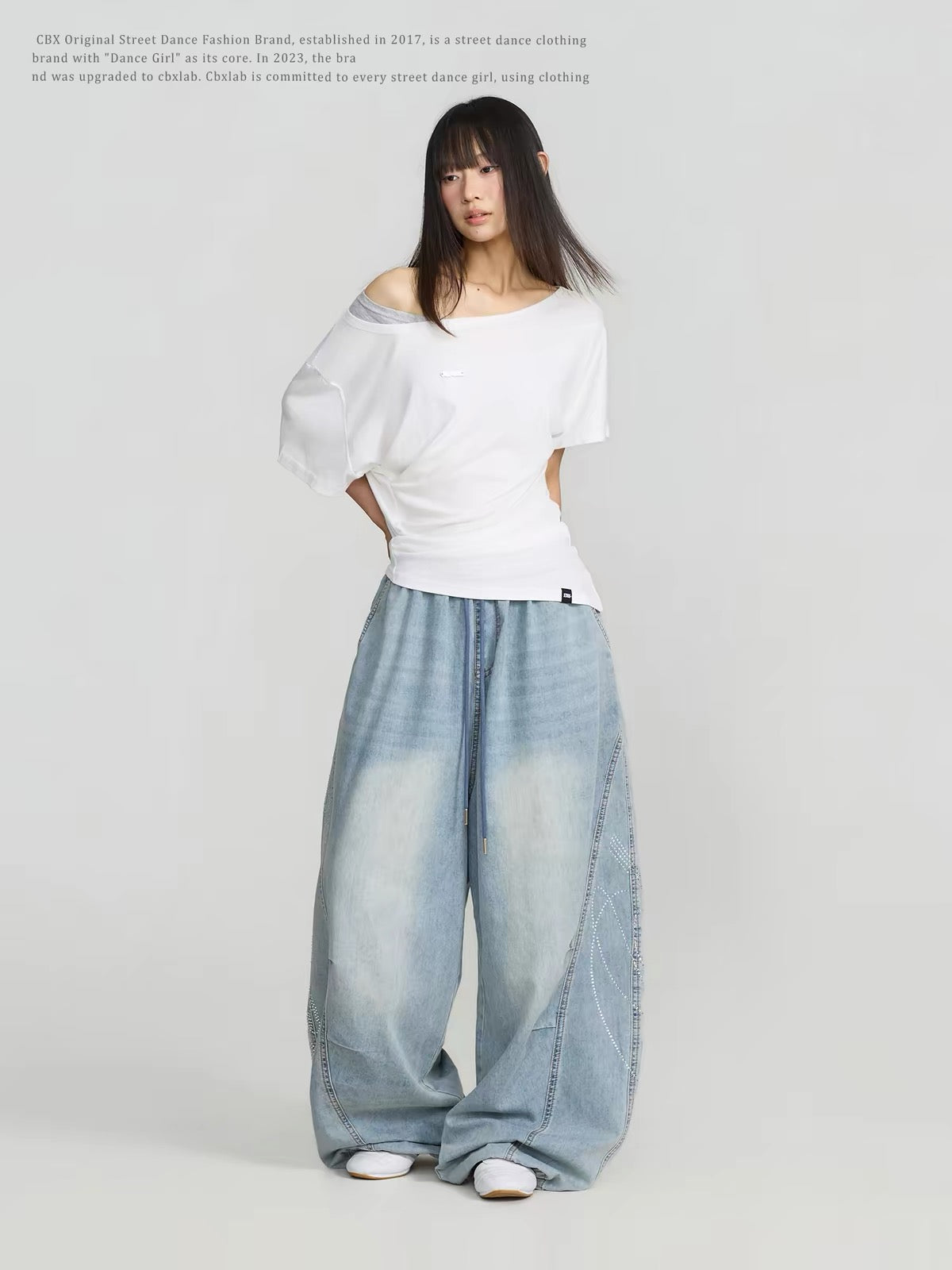 CBXLAB Streetwear Curved Rhinestone Detail "Sweet & Spicy" Style Jeans – Slim-Fit, Slight Flare, Sweet-meets-Cool (Jazz/Lyrical Dance Style)