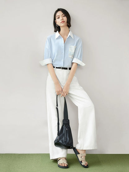 Dialogue x Kay Levine joint sea salt blue art print short-sleeved shirt female 2024 summer new pure cotton top