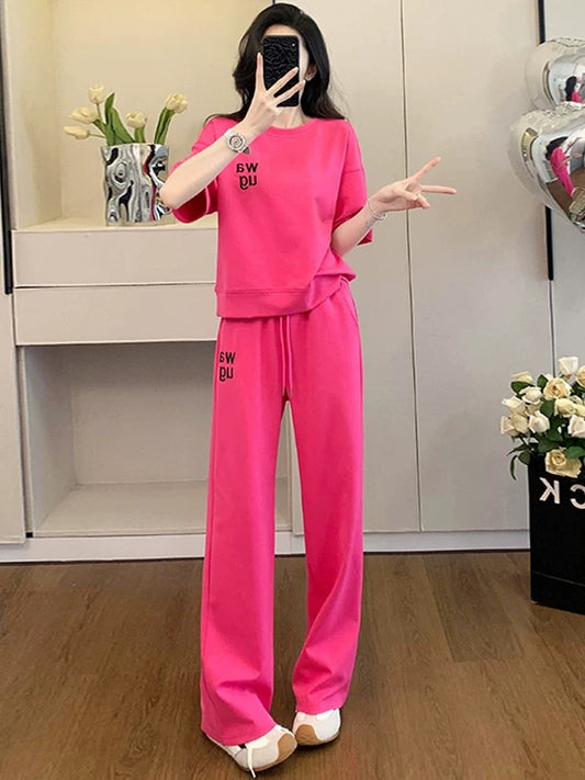 Fashionable street casual sports suit for women 2025 summer age-reducing rose red short-sleeved T-shirt wide-leg pants two-piece suit