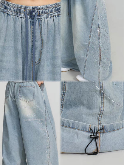 CBXLAB Streetwear Curved Rhinestone Detail "Sweet & Spicy" Style Jeans – Slim-Fit, Slight Flare, Sweet-meets-Cool (Jazz/Lyrical Dance Style)