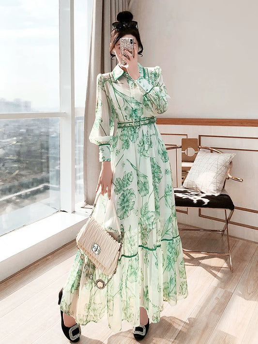 Mint Green Shirt Dress Temperament Long Skirt Autumn Women's 2024 New Long Sleeve Floral Ethnic Style Dress