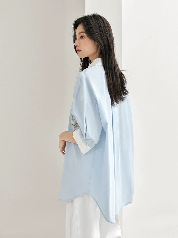 Dialogue x Kay Levine joint sea salt blue art print short-sleeved shirt female 2024 summer new pure cotton top