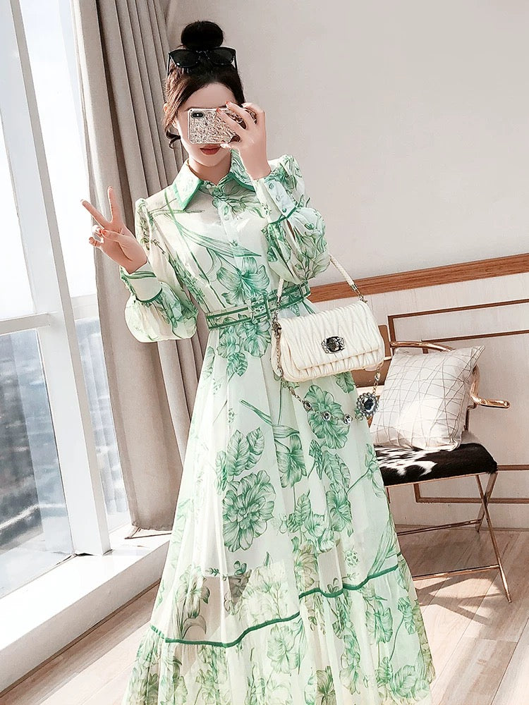 Mint Green Shirt Dress Temperament Long Skirt Autumn Women's 2024 New Long Sleeve Floral Ethnic Style Dress