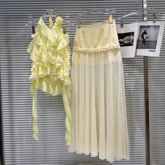 Popular online style, 2025 summer new sweet multi-layered ruffle halter neck vest + mesh long skirt thin set