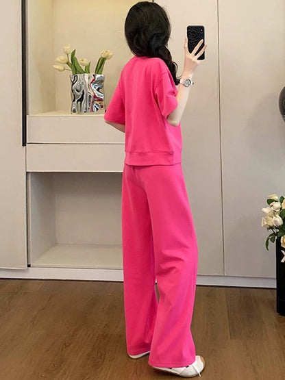 Fashionable street casual sports suit for women 2025 summer age-reducing rose red short-sleeved T-shirt wide-leg pants two-piece suit
