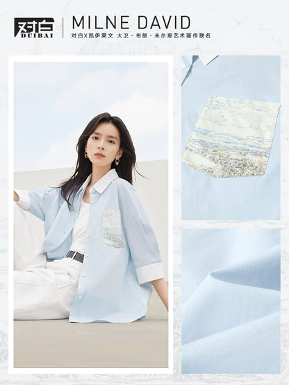 Dialogue x Kay Levine joint sea salt blue art print short-sleeved shirt female 2024 summer new pure cotton top