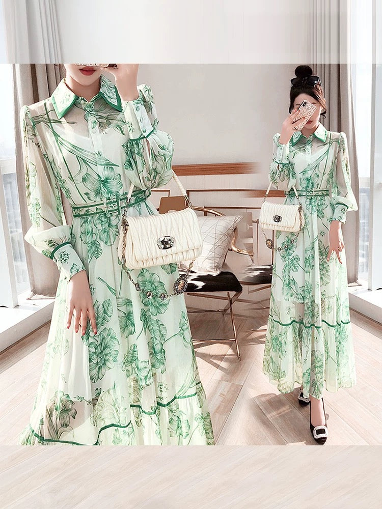 Mint Green Shirt Dress Temperament Long Skirt Autumn Women's 2024 New Long Sleeve Floral Ethnic Style Dress