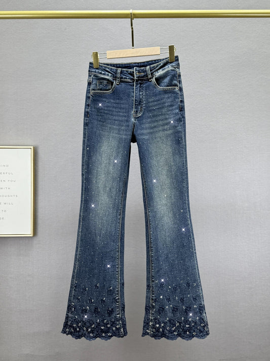 ins European hot diamond denim flared pants women 2025 autumn new elastic high waist slim fit plus length pants