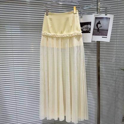 Popular online style, 2025 summer new sweet multi-layered ruffle halter neck vest + mesh long skirt thin set