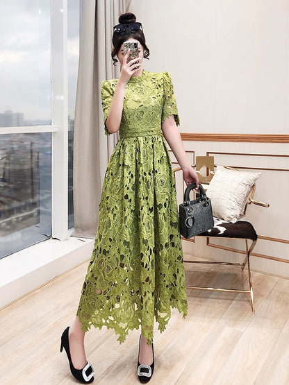 Embroidered skirt women's 2024 new summer long skirt beach skirt slim temperament hollow lace green dress