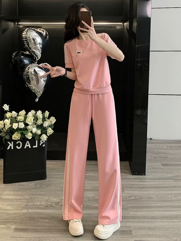 High-end pink casual sports suit for women 2025 summer trendy age-reducing slimming short-sleeved T-shirt wide-leg pants two-piece suit
