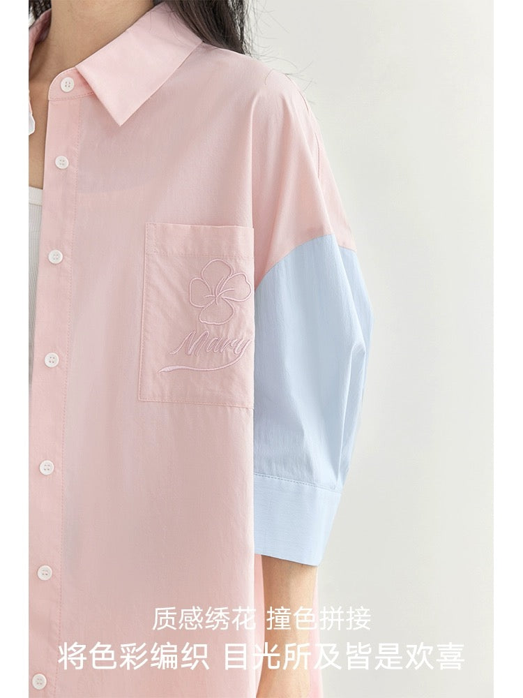 Dialogue x Kay Levine joint summer fresh contrast color embroidered shirt female 2024 summer new loose top