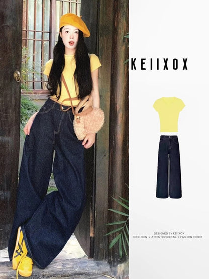 Summer suits for women, a complete set of Korean style outfits for small people, short-sleeved T-shirts, tops, jeans, two-piece suits