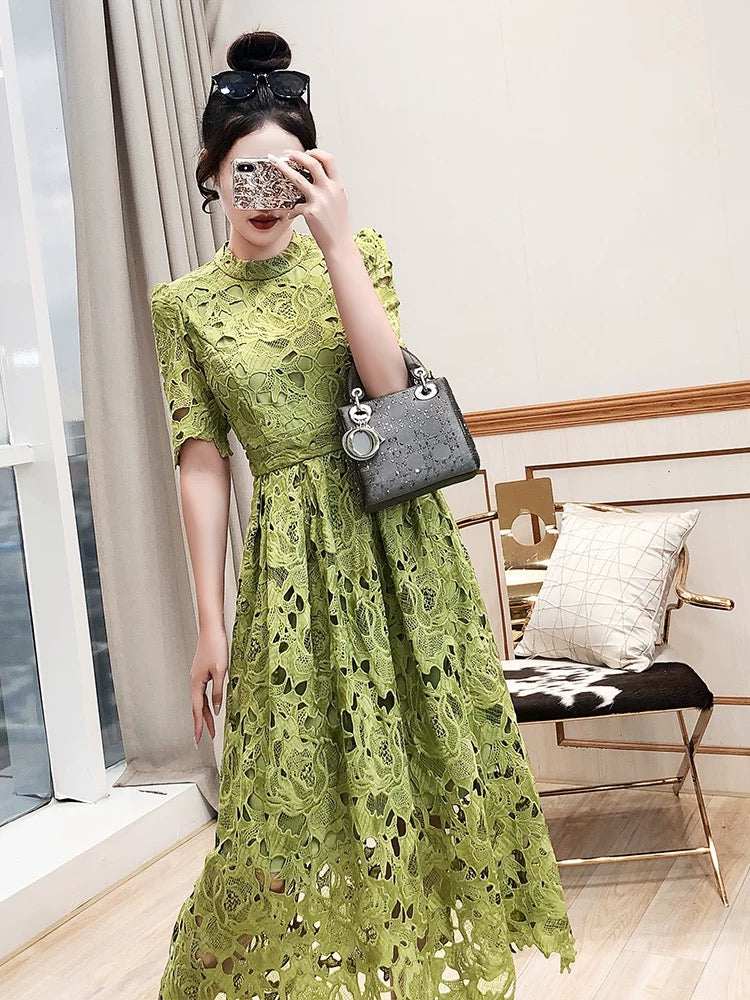 Embroidered skirt women's 2024 new summer long skirt beach skirt slim temperament hollow lace green dress