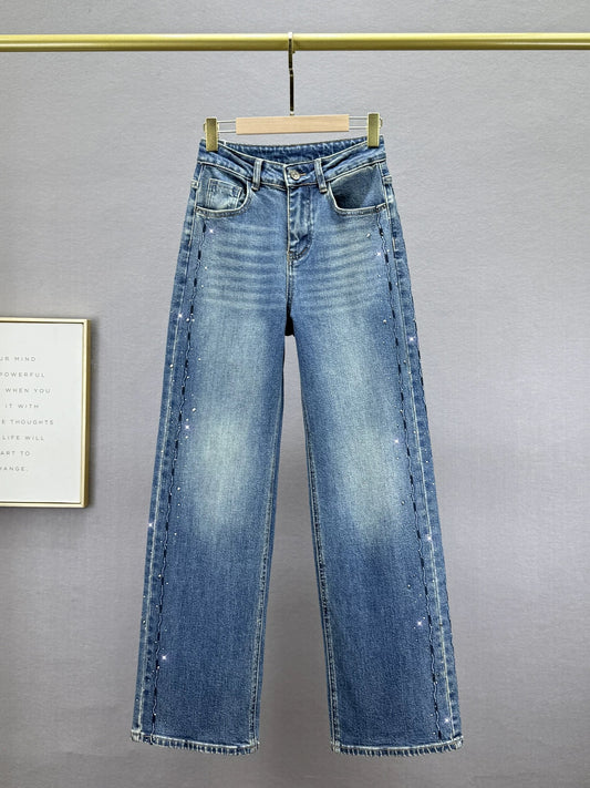 Loose denim wide-leg pants for women 2025 autumn new style high waist slim ins European goods hot diamond extended floor-length pants