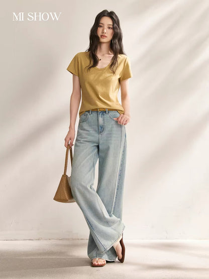 Mixiu Women's Straight-Leg Jeans (2026 Summer New Arrival): High-Waisted, Slimming, Floor-Length Denim Trousers with a Beautiful Drape.