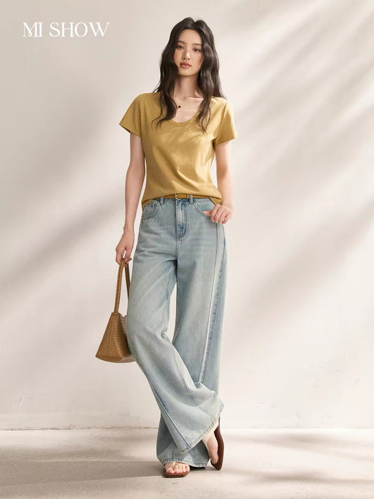 Mixiu Women's Straight-Leg Jeans (2026 Summer New Arrival): High-Waisted, Slimming, Floor-Length Denim Trousers with a Beautiful Drape.