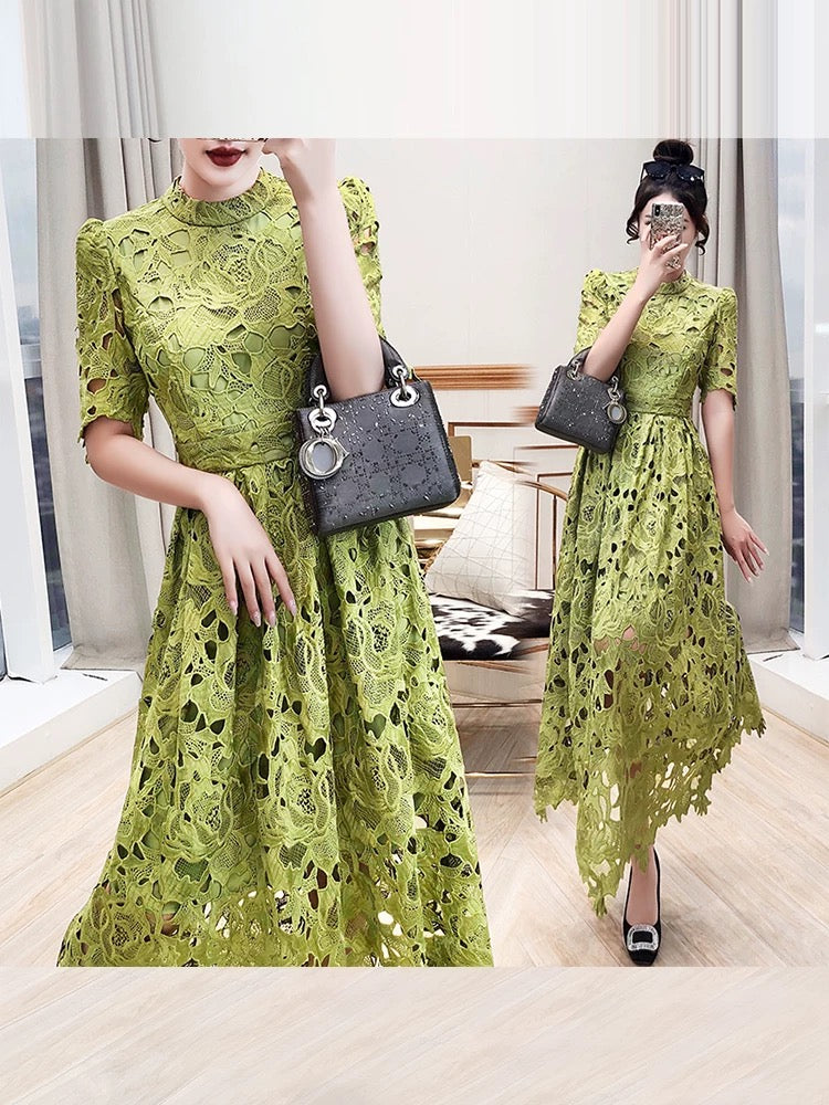Embroidered skirt women's 2024 new summer long skirt beach skirt slim temperament hollow lace green dress