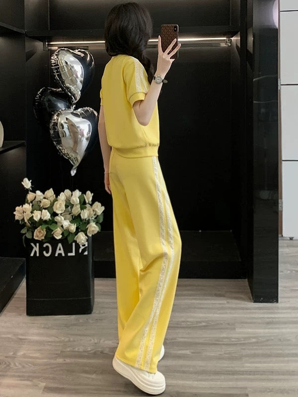 High-end pink casual sports suit for women 2025 summer trendy age-reducing slimming short-sleeved T-shirt wide-leg pants two-piece suit