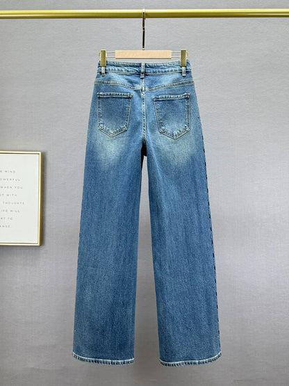 Loose denim wide-leg pants for women 2025 autumn new style high waist slim ins European goods hot diamond extended floor-length pants
