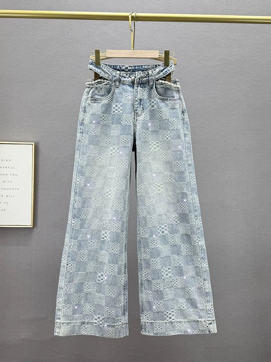 Plaid denim wide-leg pants for women 2025 spring new style high waist loose slim European goods hot diamond hollow plus length pants