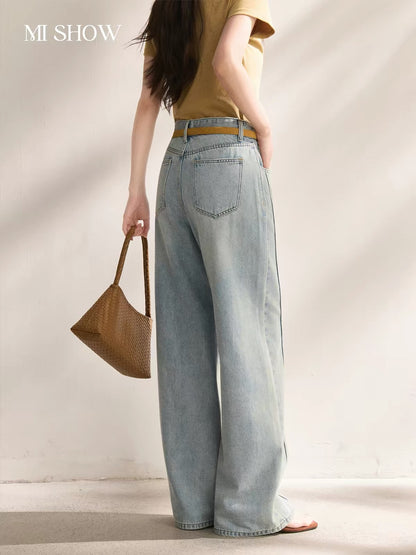 Mixiu Women's Straight-Leg Jeans (2026 Summer New Arrival): High-Waisted, Slimming, Floor-Length Denim Trousers with a Beautiful Drape.