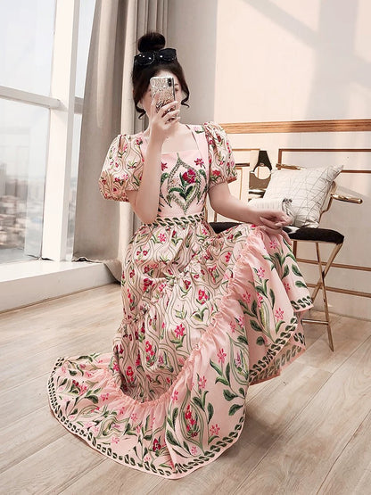 Heavy industry skirt with diamonds 2024 new women's summer mid-length pink floral square collar small fresh dress