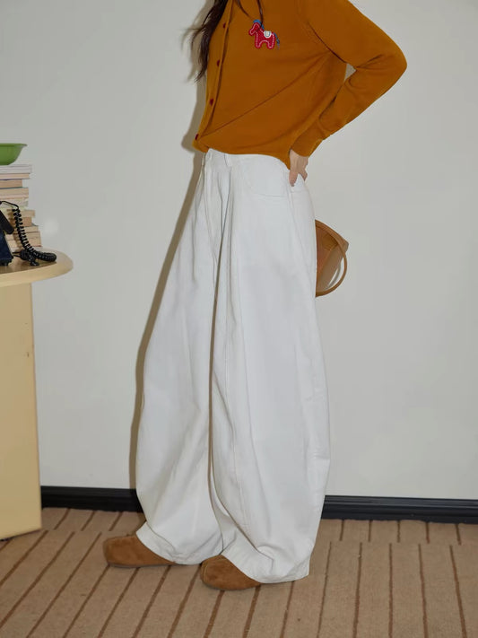 Chaochao's White Corduroy High-Waisted Wide-Leg Casual Trousers – Women's Spring 2026 Premium Loose, Relaxed-Fit Floor-Length Tailored Pants